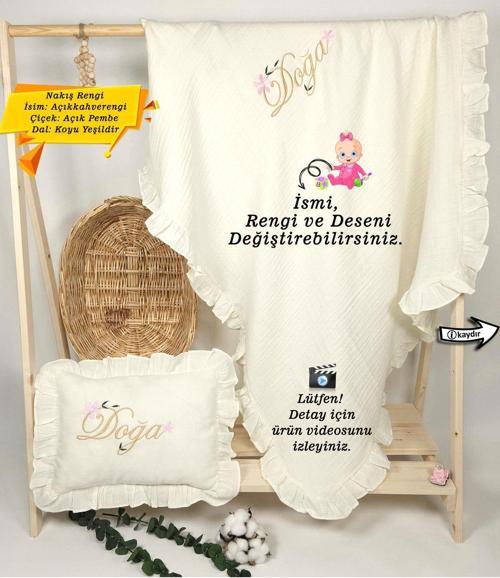 %100 Pamuk 4 Katlı Müslin Fırfırlı Battaniye Takı Yastığı Kılıfı (Kişiye Özgü İsimli Nakış Desenli)