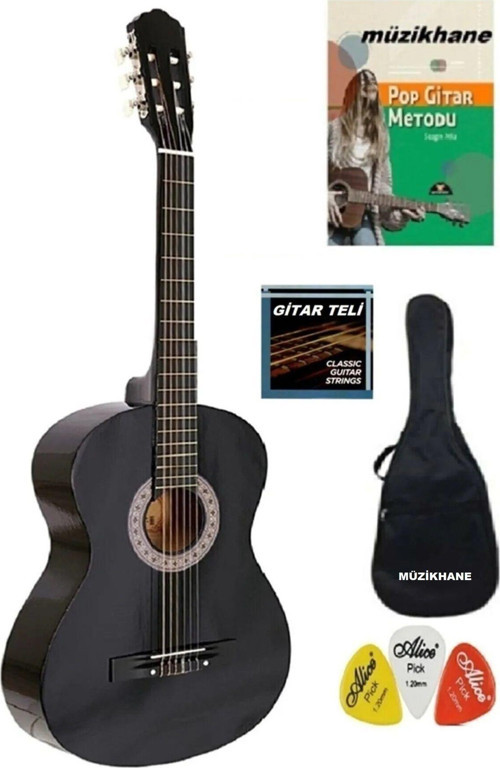 4/4 Tam Boy Siyah Klasik Gitar Seti -kılıf Tel Pena Ve Metot