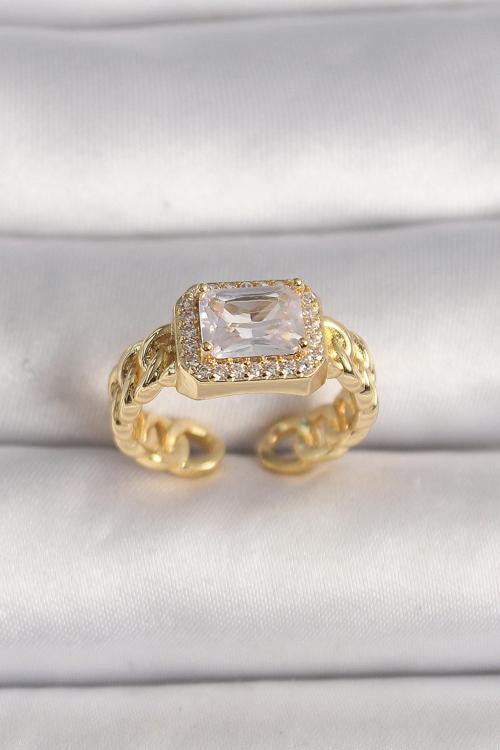 Pirinç Gold Renk Zincir Model Kare Zirkon Taşlı Kadın Yüzük - EBJ250207W31138