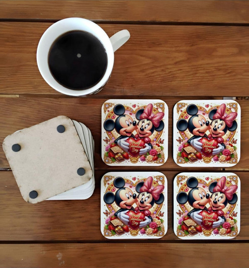 Mickey ve minnie mouse doğum günü hediyesi çiçekli ahşap bardak altlığı