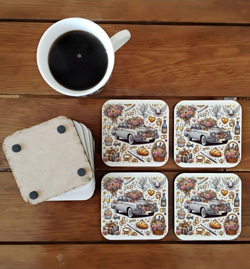 Gelin damat düğün kutlaması gelin arabası ahşap bardak altlığı