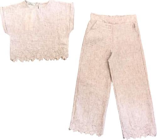 Kız Çocuk Çiçek Nakışlı Keten Takım