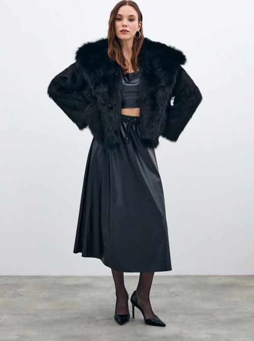 Bel Lastikli Deri Etek - Siyah