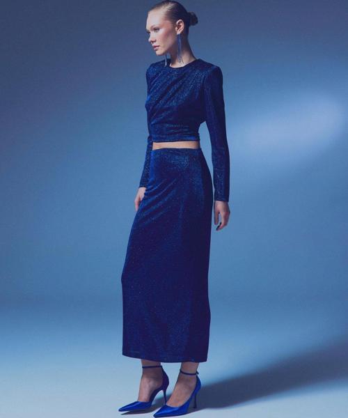 Simli Midi Etek - Sax Mavi