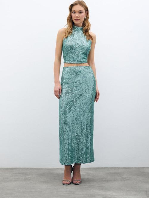 Fermuarlı Karolin Midi Etek - Mint