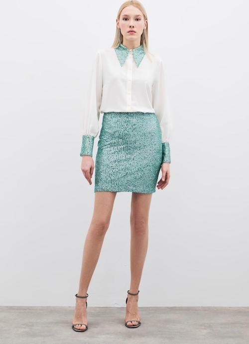 Payetli Mini Etek - Mint