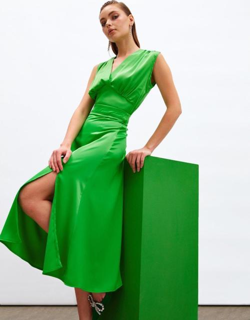 Yırtmaçlı Saten Etek - Yeşil