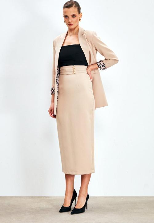 Düğme Detaylı Midi Etek - Bej
