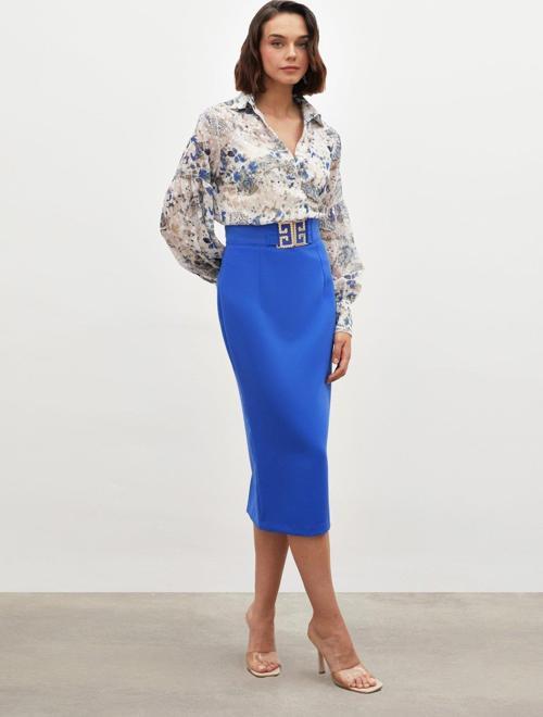 Aksesuar Detaylı Kalem Etek - Mavi