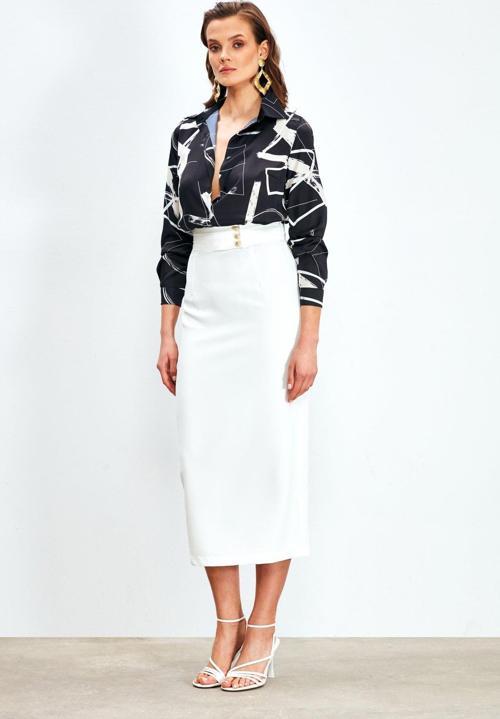 Düğme Detaylı Midi Etek - Ekru