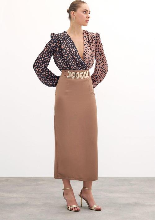 Gold Aksesuarlı Uzun Etek - Vizon