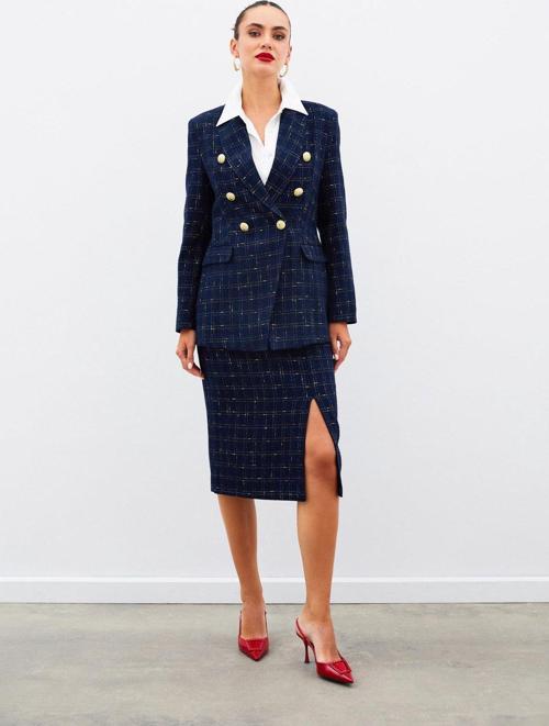 Simli Midi Boy Tüvit Etek - Lacivert