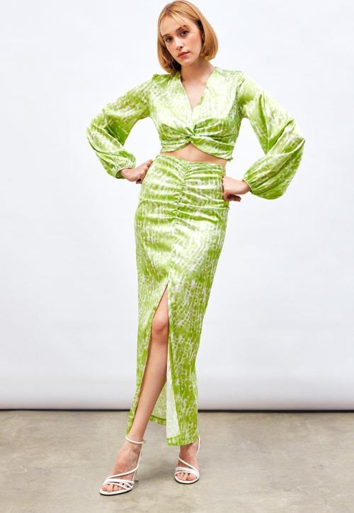 Yırtmaç Detaylı Desenli Uzun Etek - Yağ Yeşili