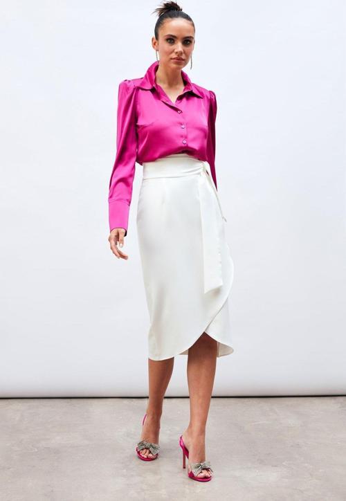 Kuşaklı Kalem Etek - Ekru