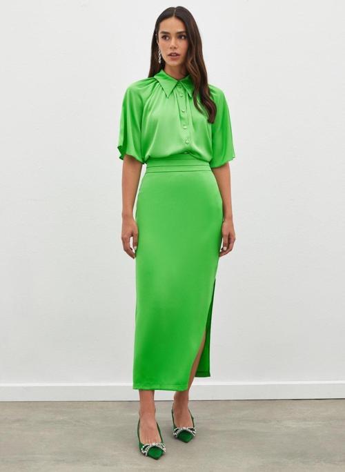 Bel Pile Detaylı Saten Etek - Açık Yeşil