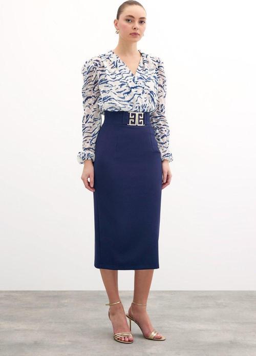 Aksesuar Detaylı Kalem Etek - Lacivert