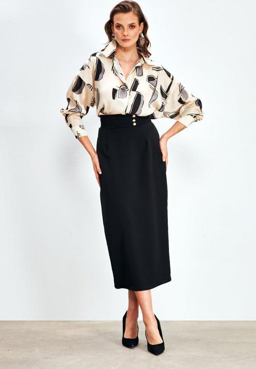 Düğme Detaylı Midi Etek - Siyah