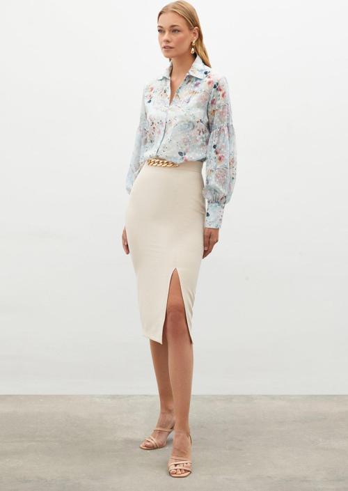 Zincir Detaylı Kalem Etek - Bej