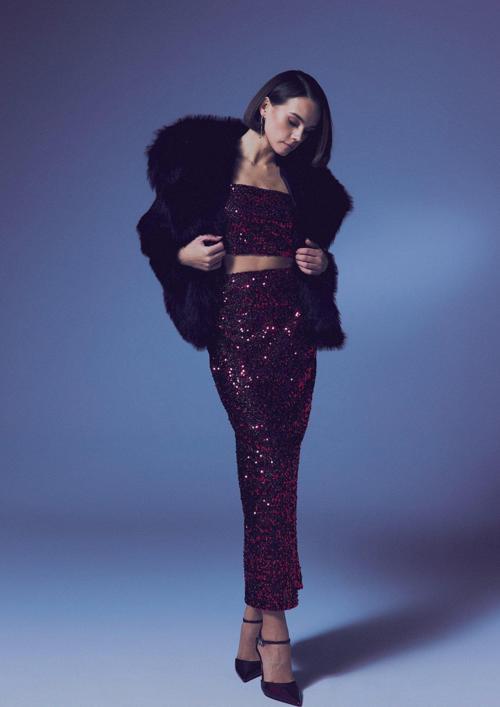 Payetli Kalem Etek - Bordo