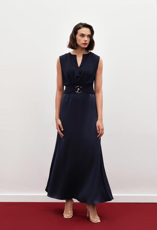 Uzun Saten Etek - Lacivert