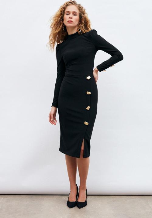 Düğme Detaylı Kalem Etek - Siyah