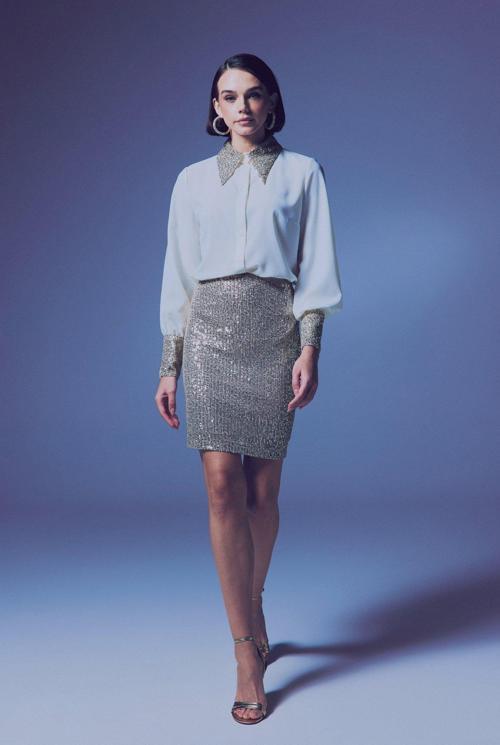 Payetli Mini Etek - Bej