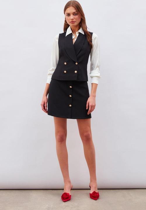 Düğme Detaylı Mini Etek - Siyah