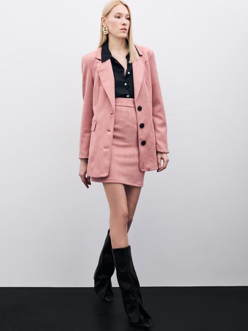 Kısa Süet Etek - Pudra