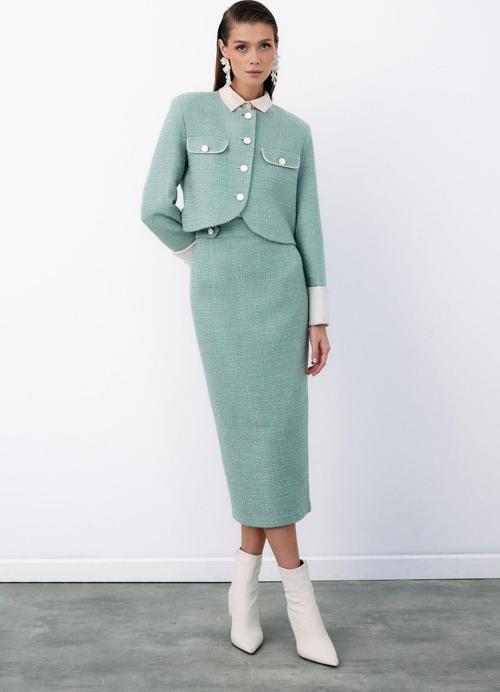 Süs Düğmeli Tüvit Kalem Etek - Mint