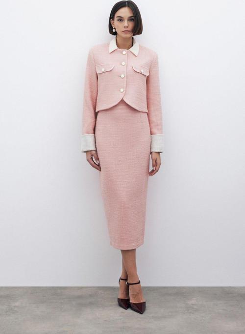 Süs Düğmeli Tüvit Kalem Etek - Pudra