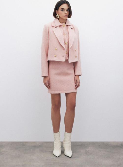 Simli Mini Tüvit Etek - Pudra