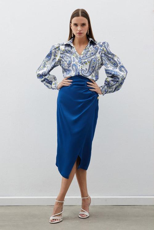 Düğme Aksesuarlı Saten Krep Etek - İndigo