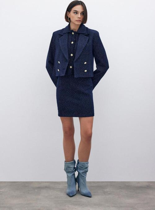 Simli Mini Tüvit Etek - Lacivert