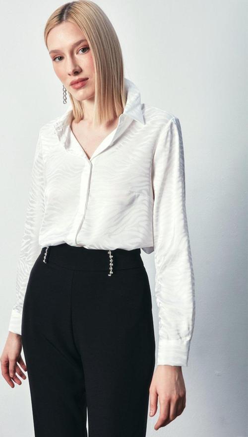 Desenli Düz Klasik Gömlek - Ekru