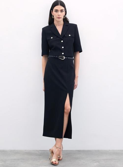 Yırtmaçlı Kemerli Uzun Etek - Siyah