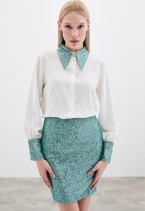 Payet Detaylı Gömlek - Ekru-Mint