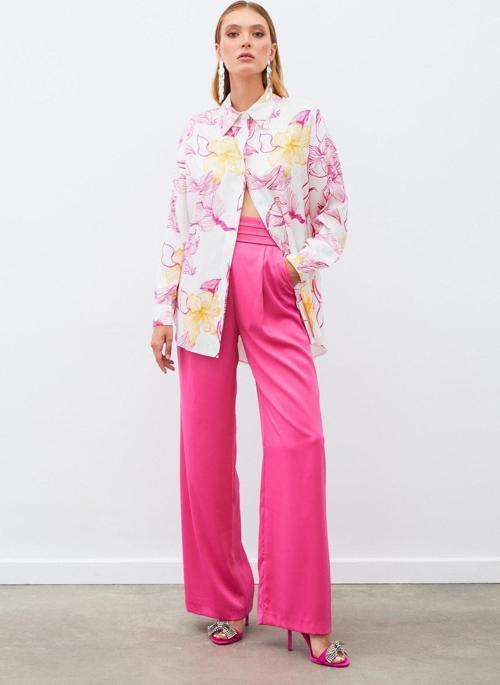 Renkli Desenli Salaş Gömlek - Fuşya