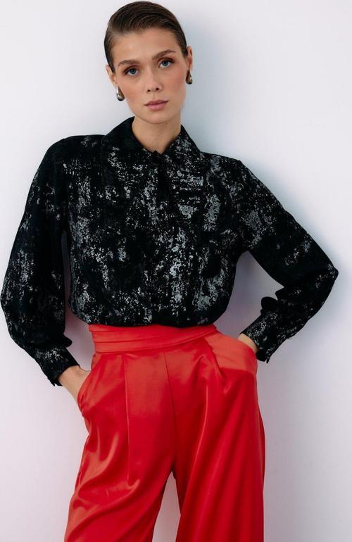 Geniş İnci Yakalı Gömlek - Siyah-Gümüş