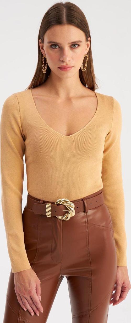 V Yaka Crop Triko - Bisküvi