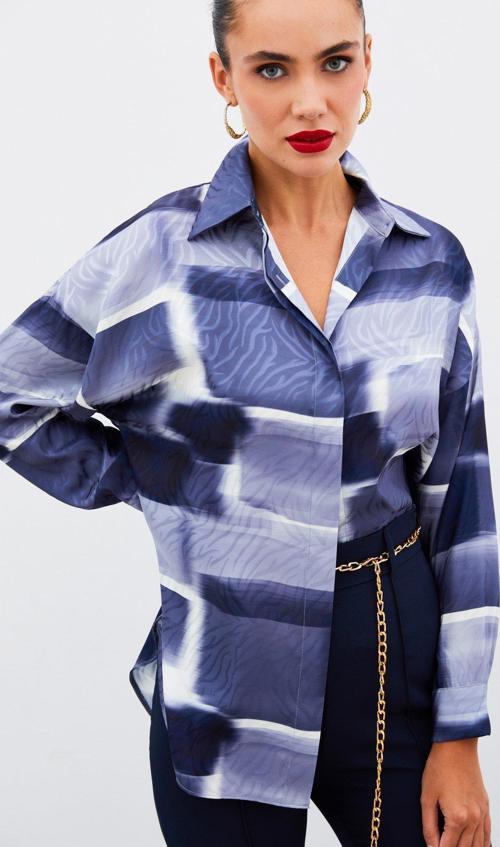 Desenli Uzun Gömlek - Lacivert