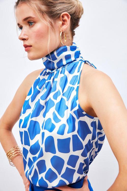 Desenli Kolsuz Bluz - Lacivert