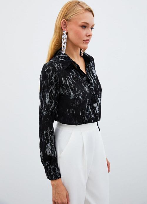 Parlak Desenli Gömlek - Siyah-Gümüş