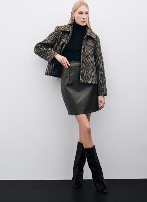 Şardonlu Deri Etek - Haki