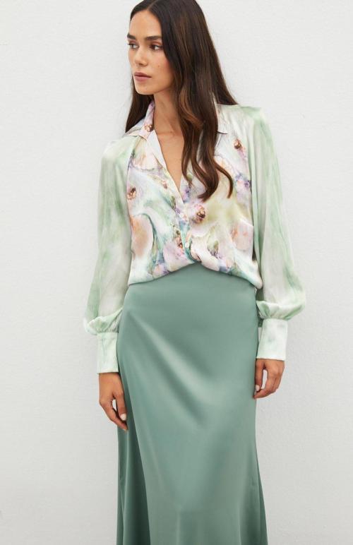 Balon Kollu Desenli Gömlek - Çağla Yeşili