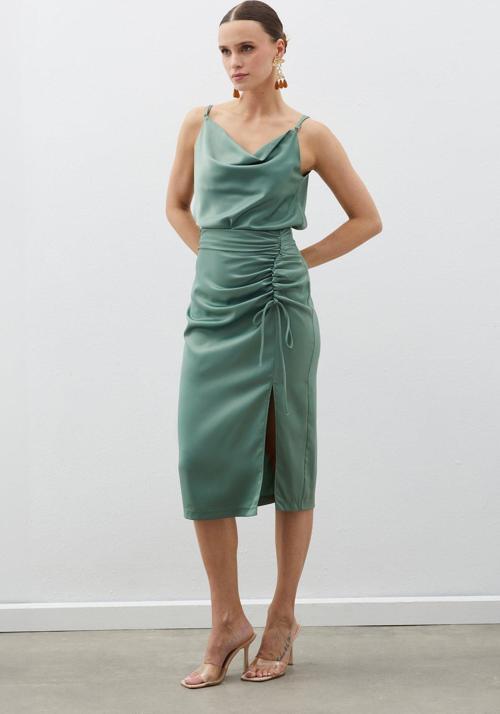 Büzgü Detaylı Saten Etek - Haki