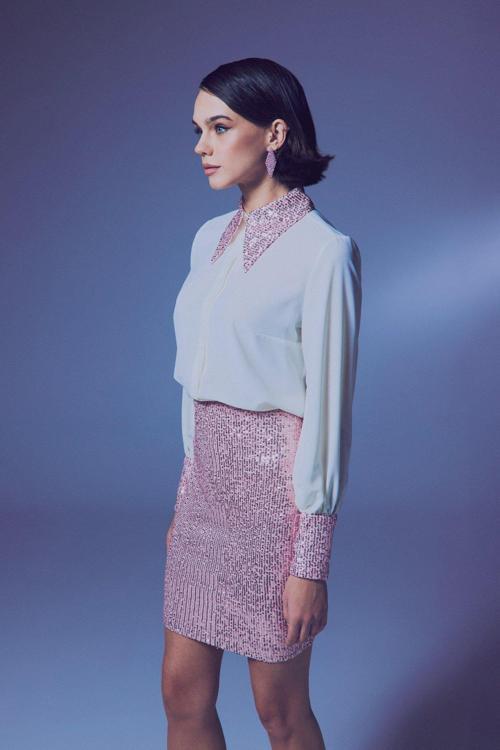 Payet Detaylı Gömlek - Ekru-Pudra