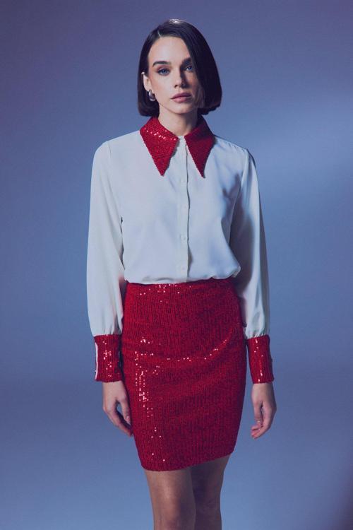 Payet Detaylı Gömlek - Ekru-Kırmızı