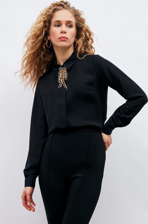 Zincir Aksesuarlı Düz Gömlek - Siyah