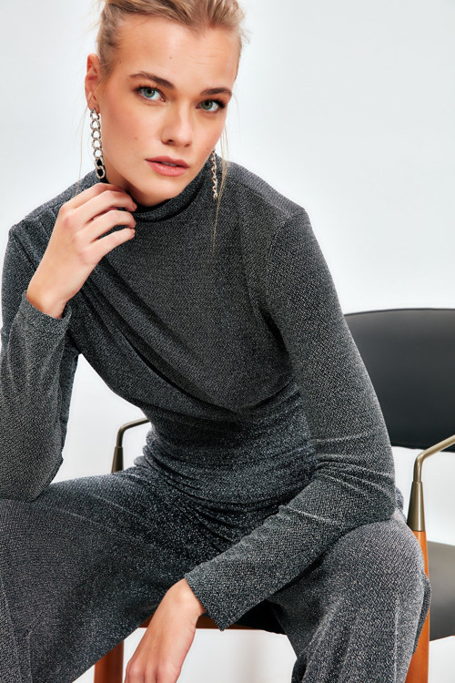 Simli Bodysuit Bluz - Gri