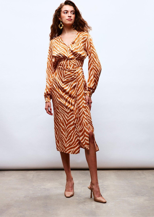 Zebra Desenli Saten Etek - Camel